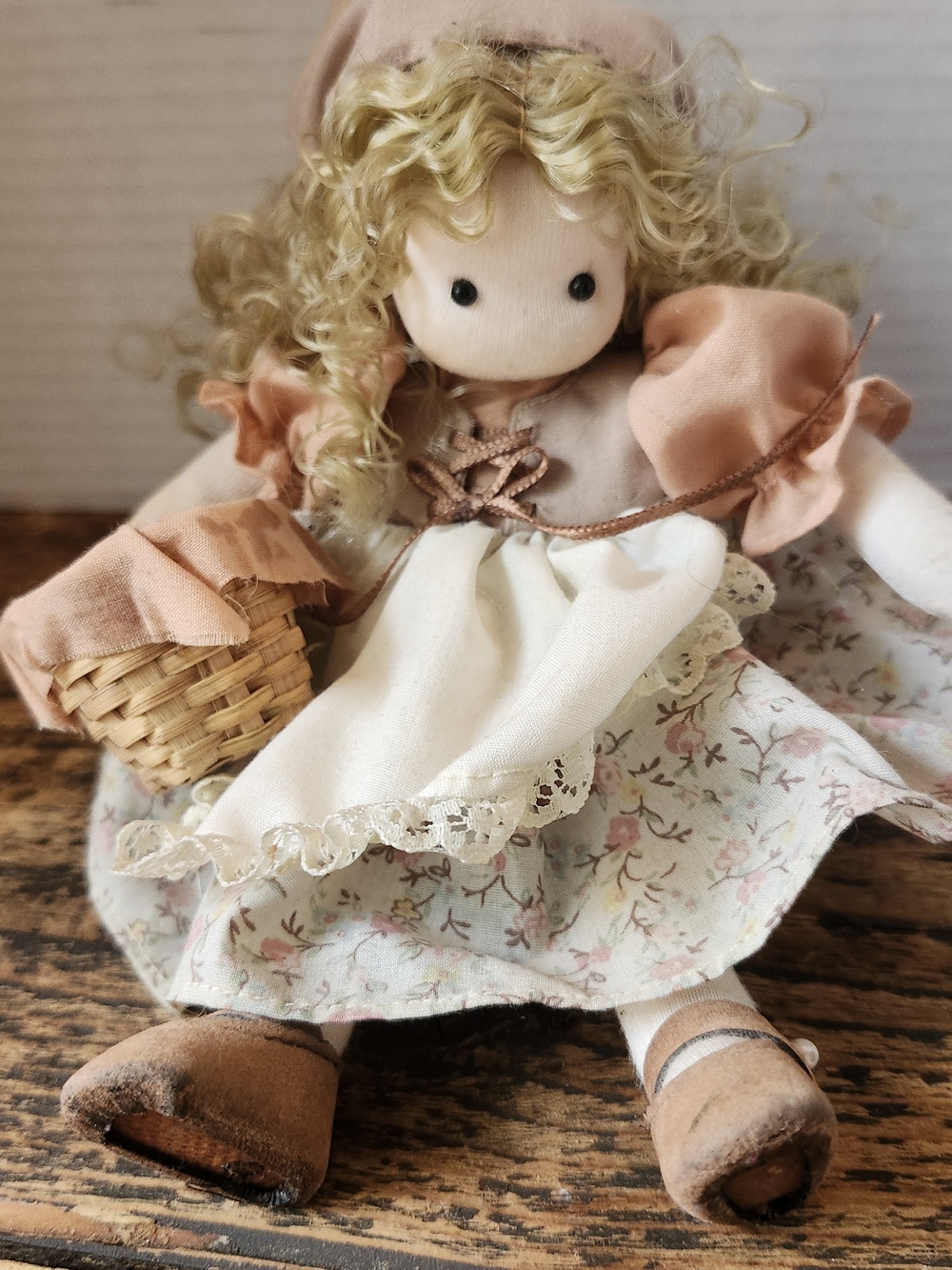 Vintage Style Peach & Cream Fabric Doll with Floral Dress Wind Up